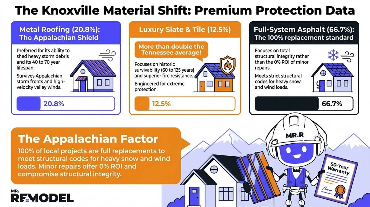 A 2026 Knoxville roofing material summary infographic showing the 12.5% demand for slate and tile and the 20.8% shift toward metal roofing for East Tennessee weather resistance.